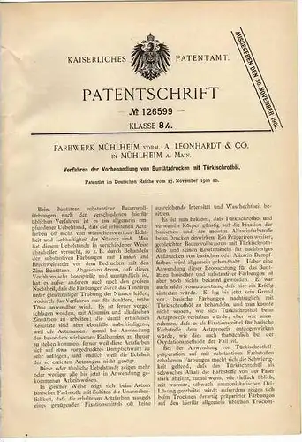 Original Patentschrift - Buchdruck , Druck Farbwerk - Mühlheim 1900 !!!