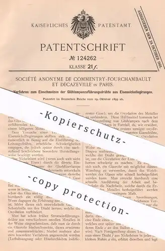 original Patent - Société Anonyme de Commentry Fourchambault et Decazeville , Paris Frankreich | Glühlampen | Nickel !!!