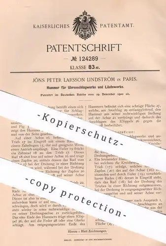 original Patent - Jöns Peter Larsson Lindström , Paris , Frankreich 1900 , Hammer für Uhrenschlagwerk u. Läutewerk | Uhr