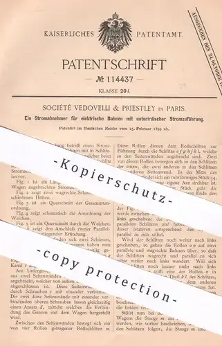 original Patent - Société Vedovelli & Priestley , Paris Frankreich | 1899 | Stromabnehmer f. Straßenbahn | elektr. Bahn