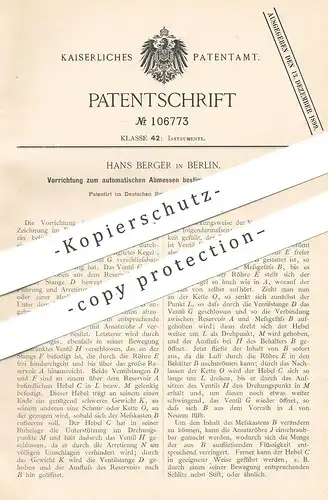 original Patent - Hans Berger , Berlin , 1898 , automatisches Abmessen bestimmter Flüssigkeitsmengen | Ventil , Wasser