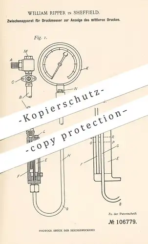 original Patent - William Ripper , Sheffield , Zwischenapparat für Druckmesser zur Druck - Anzeige | Manometer