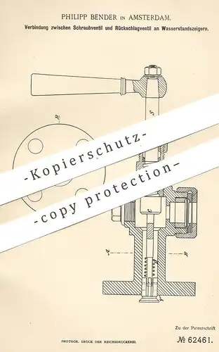 original Patent - Philipp Bender , Amsterdam , 1891 , Ventil - Verbindung am Wasserstandsanzeiger | Damfkessel !!