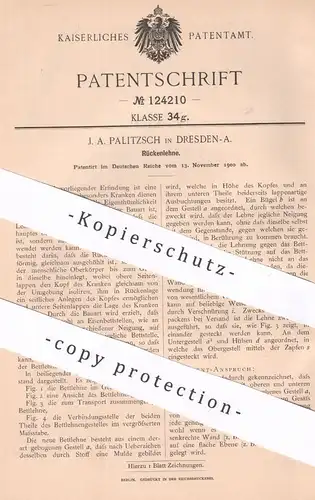 original Patent - J. A. Palitzsch , Dresden , 1900 , Rückenlehne | Rücken - Lehne | Krankenbett , Bett , Krankenhaus
