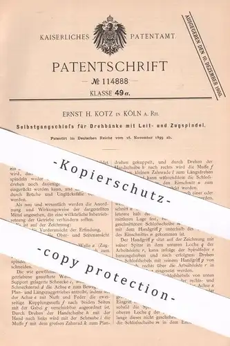 original Patent - Ernst H. Kotz , Köln / Rhein , 1899 , Selbstgangschloss für Drehbank mit Leit- u. Zugspindel | Schloss