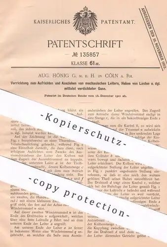 original Patent - Aug. Hönig GmbH , Köln / Rhein , 1901 , Triebwerk für Leitern & Heben von Lasten per verdichteter Gase