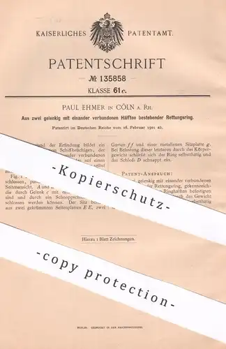 original Patent - Paul Ehmer , Köln / Rhein , 1901 , Rettungsring aus zwei Hälften | Schiff , Schiffe | Rettung | Wasser