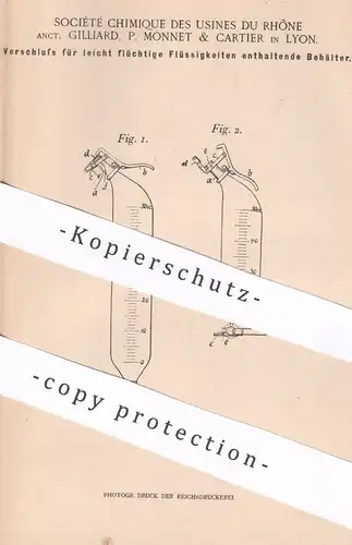 original Patent - Société Chimique Usines Du Rhône Gillard , P. Monnet & Cartier , Lyon Frankreich | Gefäß - Verschluss