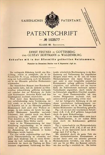 Original Patentschrift - E. Festner in Gottesberg und Waldenburg , 1898 , Koksofen mit Heizkammern , Koks , Boguszów !!!