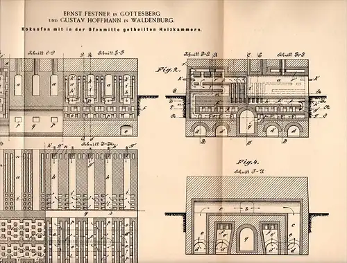 Original Patentschrift - E. Festner in Gottesberg und Waldenburg , 1898 , Koksofen mit Heizkammern , Koks , Boguszów !!!