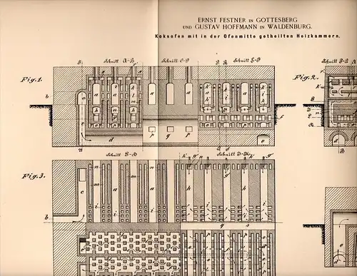 Original Patentschrift - E. Festner in Gottesberg und Waldenburg , 1898 , Koksofen mit Heizkammern , Koks , Boguszów !!!