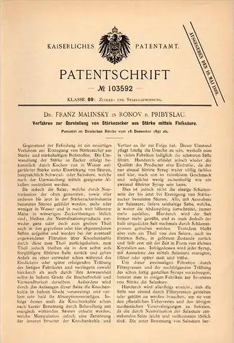 Original Patentschrift - Dr. F. Malinsky in Ronov b. Pribyslau , 1897 , Darstellung von Stärkezucker , Pribyslav !!!