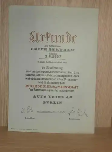 Urkunde - Auto Union , 1937 , Erich Bertram , Rennfahrer , Nachlass , Motorsport , Rennsport , Sandbahn , Grasbahn !!!