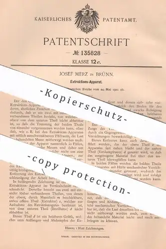 original Patent - Josef Merz , Brünn | 1901 | Extraktions-Apparat | Extraktion | Extrahieren | Chemie , Medizin