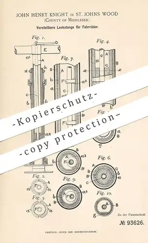 original Patent - John Henry Knight , St. Johns Wood , Middlesex , 1896 , Lenkstange für Fahrräder | Fahrrad - Lenker !!