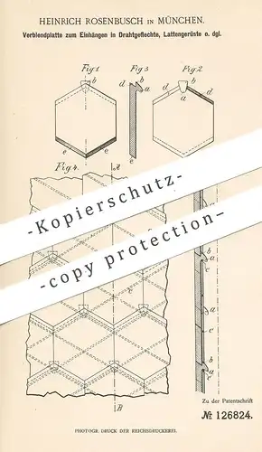 original Patent - Heinrich Rosenbusch , München , Verblendplatte für Drahtgeflecht , Gerüst | Zement , Beton | Draht !!