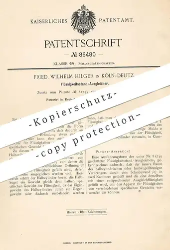 original Patent - Fried. Wilhelm Hilger , Köln / Deutz , Flüssigkeitsstand - Ausgleicher | Zapfanlage , Schankanlage