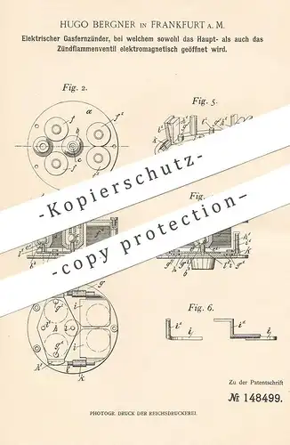 original Patent - Hugo Bergner , Frankfurt / Main , 1903 , Elektrischer Gasfernzünder | Gas - Zünder | Elektromagnet !
