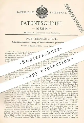 original Patent - Lucien Eilertsen , Paris , Frankreich , 1892 , Selbsttätige Speisevorrichtung für Dampfkessel | Ventil