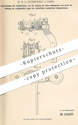 original Patent - H. H. G. Etcheverry , Paris , Frankreich , 1902 , Zugseilklemme | Zugseil - Klemme | Seilbahn , Seil !