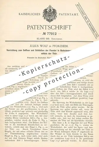 original Patent - Julius Wolf , Pforzheim , 1893 , Öffnen und Schließen der Fenster mittels der Tür | Fensterbauer !!