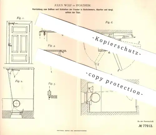 original Patent - Julius Wolf , Pforzheim , 1893 , Öffnen und Schließen der Fenster mittels der Tür | Fensterbauer !!