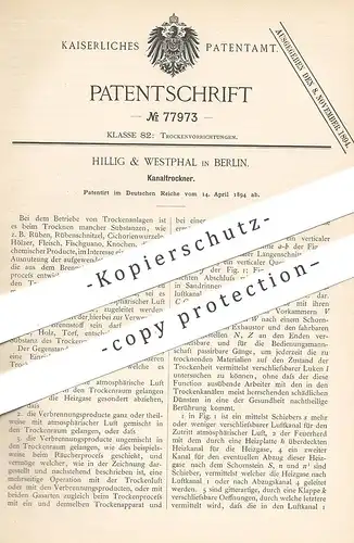 original Patent - Hillig & Westphal , Berlin , 1894 , Kanaltrockner | Trocknen von Rüben , Fleisch , Fisch , Holz !!!
