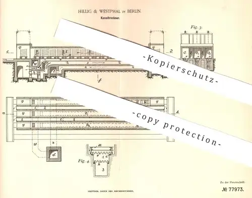 original Patent - Hillig & Westphal , Berlin , 1894 , Kanaltrockner | Trocknen von Rüben , Fleisch , Fisch , Holz !!!