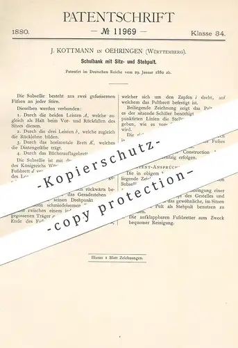 original Patent - J. Kottmann , Oehringen , 1880 , Schulbank mit Sitz u. Stehpult | Bank , Pult , Schule , Sitzbank !!!
