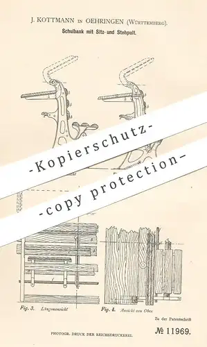 original Patent - J. Kottmann , Oehringen , 1880 , Schulbank mit Sitz u. Stehpult | Bank , Pult , Schule , Sitzbank !!!