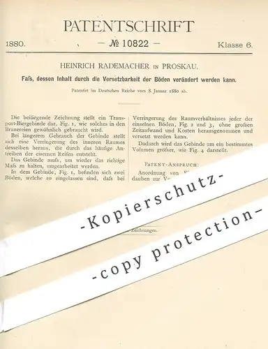 original Patent - Heinrich Rademacher , Proskau , 1880 , verstellbares Fass | Bierfass , Fässer , Brauerei , Wein