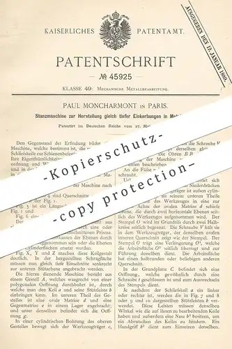 original Patent - Paul Moncharmont , Paris , Frankreich , 1888 , Stanzmaschine für Metall | Stanzen , Blech , Keil !!!