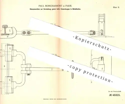 original Patent - Paul Moncharmont , Paris , Frankreich , 1888 , Stanzmaschine für Metall | Stanzen , Blech , Keil !!!