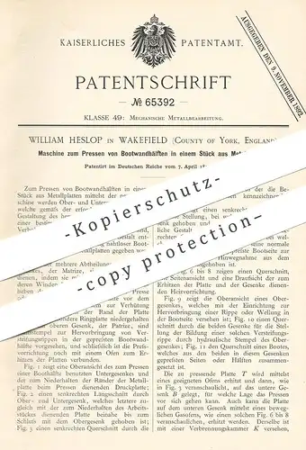 original Patent - William Heslop , Wakefield , York England 1892 , Pressen von Bootwandhälften | Boot , Schiff | Metall