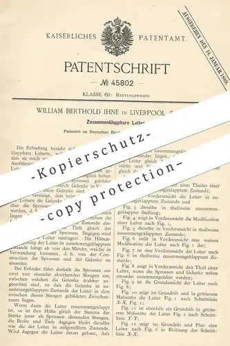 original Patent - William Berthold Ihne , Liverpool , England , 1888 , klappbare Leiter | Feuerwehr , Feuerwehrmann !!