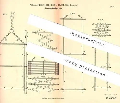 original Patent - William Berthold Ihne , Liverpool , England , 1888 , klappbare Leiter | Feuerwehr , Feuerwehrmann !!