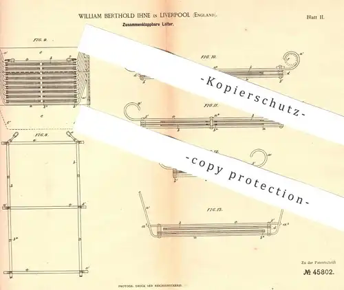 original Patent - William Berthold Ihne , Liverpool , England , 1888 , klappbare Leiter | Feuerwehr , Feuerwehrmann !!