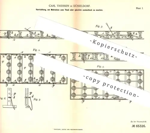 original Patent - Carl Theissen , Düsseldorf  1891 , Matratze , Matratzen | Bett , Krankenbett , OP , Arzt , Krankenhaus