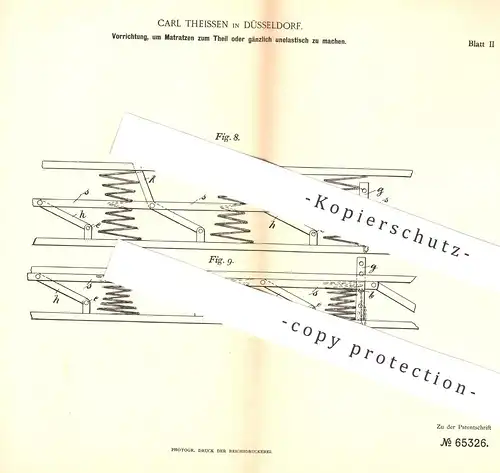original Patent - Carl Theissen , Düsseldorf  1891 , Matratze , Matratzen | Bett , Krankenbett , OP , Arzt , Krankenhaus