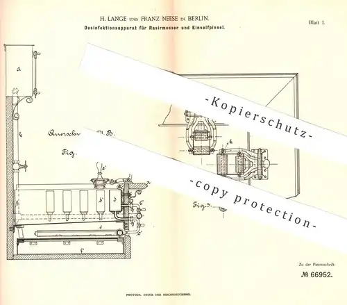 original Patent - H. Lange , Franz Neese , Berlin , 1892 , Desinfektion für Rasiermesser , Rasierer | Rasur , Friseur !!