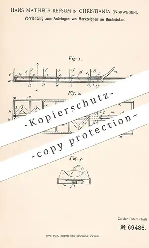 original Patent - Hans Matheus Refsum , Christiania Norwegen 1892 , Anbringen von Merkzeichen an Buchrücken | Buchbinder