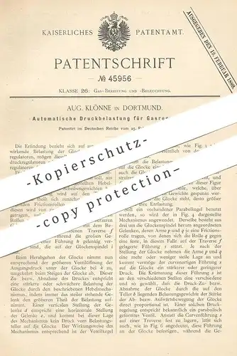 original Patent - Aug. Klönne , Dortmund , 1888 , Druckbelastung für Gasregulator | Gas - Regulator | Gasdruck !!!