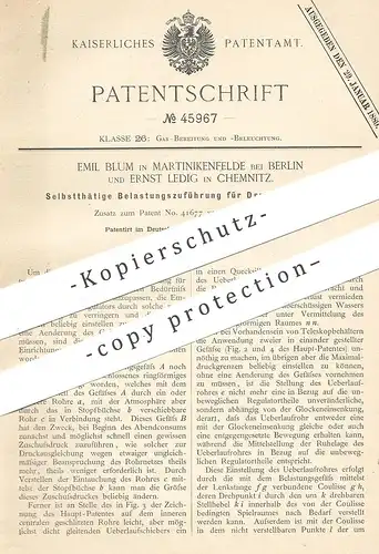 original Patent - Emil Blum , Martinikenfelde / Berlin | Ernst Ledig , Chemnitz 1888 , Druckregulator | Druck Regulator