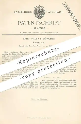 original Patent - Josef Walla , München , 1888 , Umblätterer für Bücher | Buch , Buchbinder , Papier , Blatt , Blätter