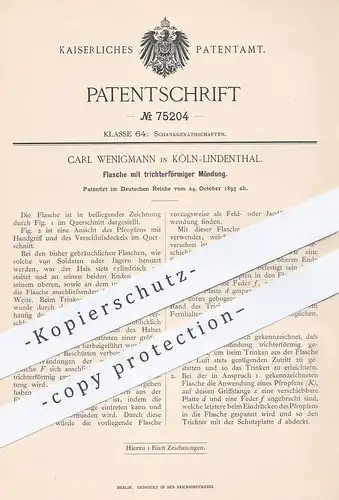 original Patent - Carl Wenigmann , Köln / Lindenthal , 1893 , Flasche mit trichterförmiger Mündung | Trichter , Flaschen