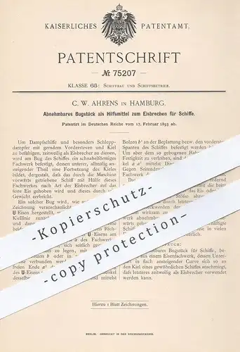 original Patent - C. W. Ahrens , Hamburg 1893 , Bugstück zum Eisbrechen für Schiffe | Eisbrecher , Schiff , Dampfschiff