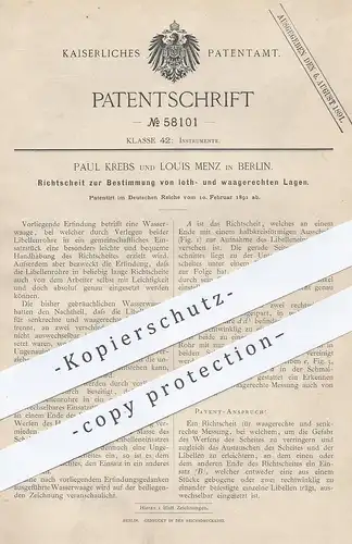 original Patent - Paul Krebs , Louis Menz , Berlin , 1891 , Richtscheit | Waage , Wasserwaage , Libelle , Lot , Ausloten