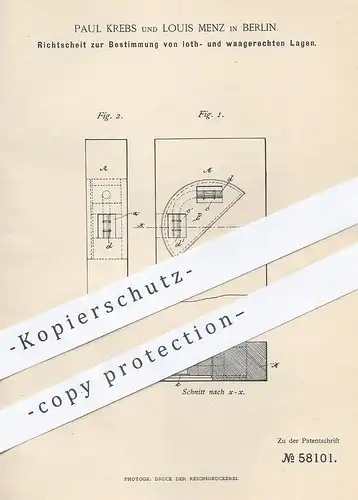 original Patent - Paul Krebs , Louis Menz , Berlin , 1891 , Richtscheit | Waage , Wasserwaage , Libelle , Lot , Ausloten