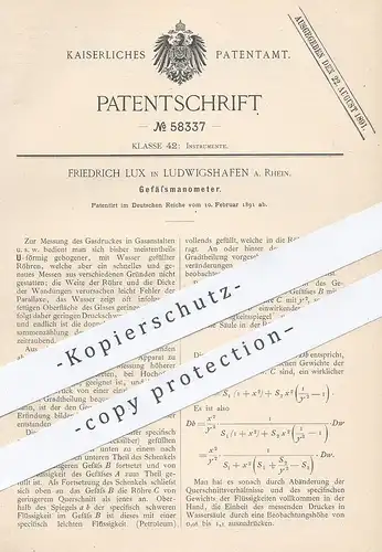 original Patent - Friedrich Lux , Ludwigshafen / Rhein , 1891 , Gefäßmanometer | Manometer | Gasdruck , Gaswerk , Gas !