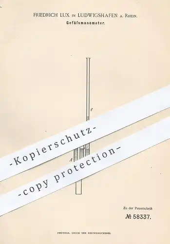 original Patent - Friedrich Lux , Ludwigshafen / Rhein , 1891 , Gefäßmanometer | Manometer | Gasdruck , Gaswerk , Gas !